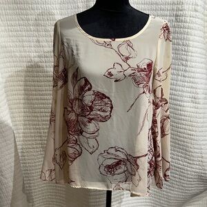 Floral Print Cream Red Blouse Flowy Slit Sleeves